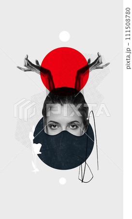Poster, Contemporary art collage. Surreal portrait of woman with hands gesture looks as horns and red circle overlay on top. 111508780