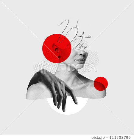 Contemporary art collage. Black and white portrait of woman with red circles and abstract line elements. Abstract style. 111508799