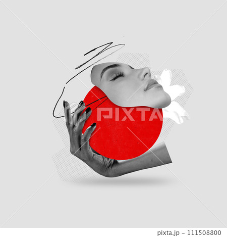 Contemporary art collage. Monochromatic image of serene woman with red geometric shape, circle and lily flower. Abstract style. 111508800