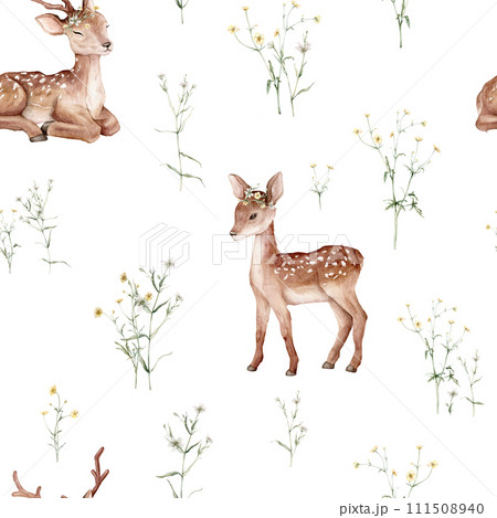 Watercolor seamless pattern baby deer and meadow flowers. Spotted deer isolated on white background. Hand painted wild animal template for fabric. Animal for design print or background. floral branche 111508940