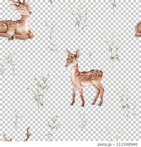 Watercolor seamless pattern baby deer and meadow flowers. Spotted deer isolated on white background. Hand painted wild animal template for fabric. Animal for design print or background. floral branche 111508940