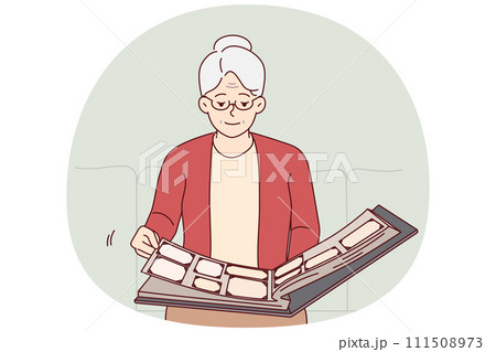 Elderly woman flips through family photo album, remembering student years or fun trips. Vector image Elderly woman flips through family photo album, remembering student years or fun trips. Vector image 111508973