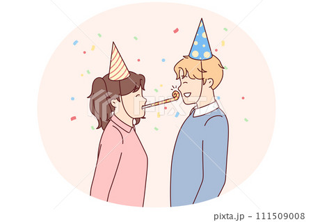 Girl uses tongue whistle to wish boyfriend happy birthday during birthday party. Vector image 111509008