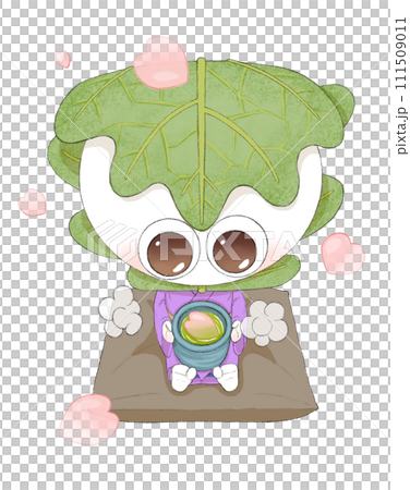 可愛的柏餅人物在飄動的花瓣中看著碗的插圖。 111509011