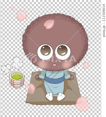 一個可愛的 ohagi 角色在花瓣跳舞時喝茶的插圖 一個可愛的 ohagi 角色在花瓣跳舞時喝茶的插圖 111509014