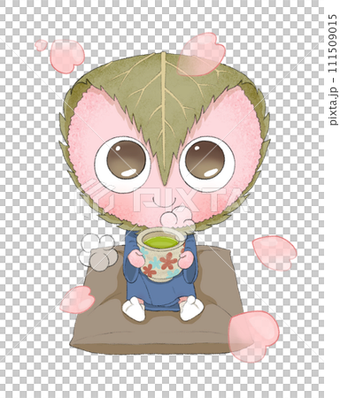 一個可愛的櫻餅角色在花瓣跳舞時喝茶的插圖 111509015