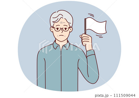 Elderly man with sad face stands showing white flag as sign of lack of strength. Vector image Elderly man with sad face stands showing white flag as sign of lack of strength. Vector image 111509044