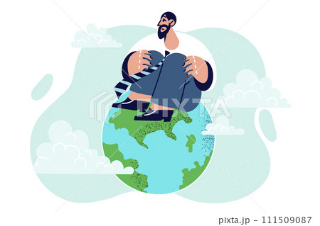Emigrant man sits on globe, choosing suitable country for business trip or emigration 111509087