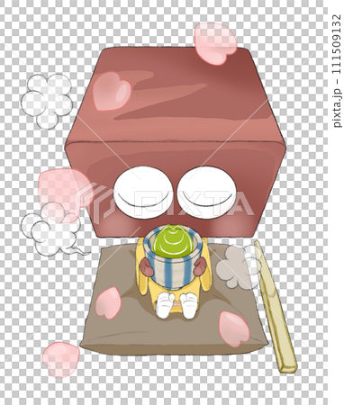 一個可愛的水羊羹角色在花瓣跳舞時喝茶的插圖 一個可愛的水羊羹角色在花瓣跳舞時喝茶的插圖 111509132