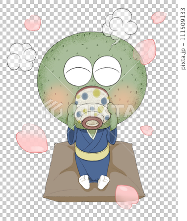 一個可愛的草莓團子角色在花瓣跳舞時喝茶的插圖 111509133