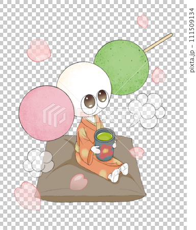 一個可愛的三色團子角色在花瓣跳舞時喝茶的插圖 111509134