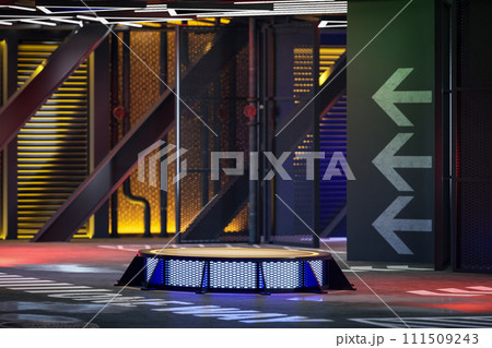 Modern style Industrial loft empty futuristic podium with neon light background 3d render Modern style Industrial loft empty futuristic podium with neon light background 3d render 111509243