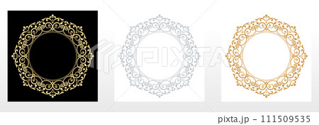 Set of decorative frames Elegant vector element for design in Eastern style, place for text. Floral black, gold and gray borders. Lace illustration for invitations and greeting cards 111509535