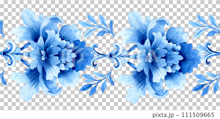 watercolor seamless border, blue damask ornament. classic vintage ornament watercolor seamless border, blue damask ornament. classic vintage ornament 111509665