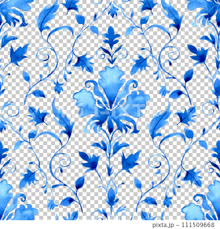 watercolor seamless pattern with blue damask ornament. classic vintage ornament 111509668