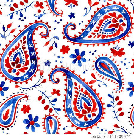 watercolor seamless pattern with oriental paisley ornament 111509674
