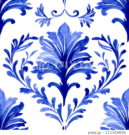 watercolor seamless pattern with blue damask ornament. classic vintage ornament 111509698
