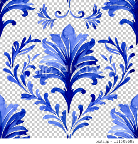 watercolor seamless pattern with blue damask ornament. classic vintage ornament watercolor seamless pattern with blue damask ornament. classic vintage ornament 111509698