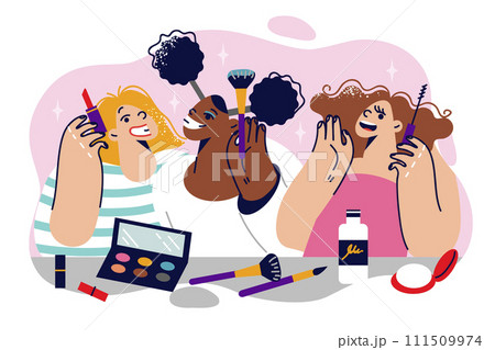Girls learn to do makeup before school party for junior high students, and use mascara and lipstick Girls learn to do makeup before school party for junior high students, and use mascara and lipstick 111509974