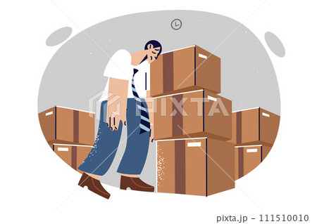 Tired warehouse worker sleeps standing near cardboard boxes, due to problems with logistics 111510010