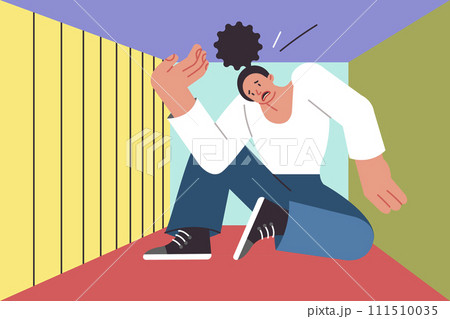 Woman suffering from claustrophobia sits in cramped box and feels pressure from walls, causing panic 111510035