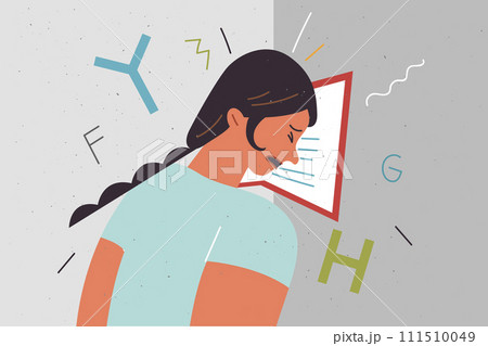 Tired girl student banging head against wall with book, suffering due to too much educational load 111510049