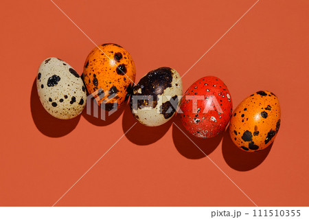 Easter composition of quail eggs and grass on a red brick background. Easter composition of quail eggs and grass on a red brick background. 111510355