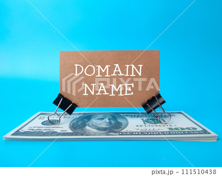 Brown card and banknotes with text DOMAIN NAME on a blue background. 111510438