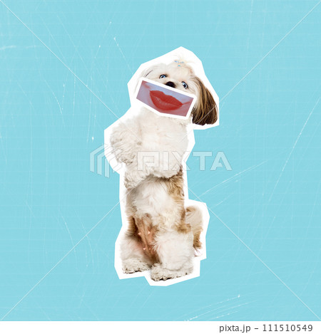 Contemporary art collage. Funny and cute purebred dog with human mouth expressing ridicule. Animals with human facial expression. 111510549