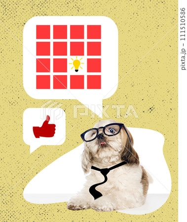 Purebred little dog working on project, creating successful promotional ideas. Marketing and management. Contemporary art collage. 111510586