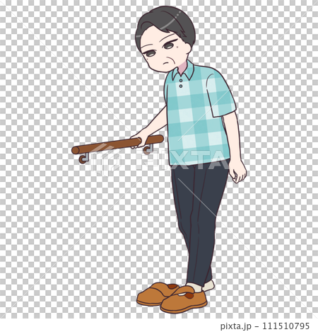 Senior man holding on to the railing and putting on his shoes 2 111510795