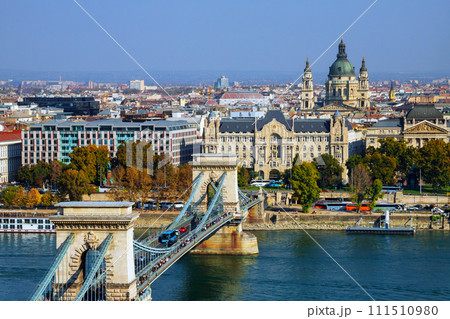 Szechenyi Chain Bridge over Danube river scape at landscape Budapest Hungarian Szechenyi Chain Bridge over Danube river scape at landscape Budapest Hungarian 111510980