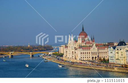 Hungarian Parliament Buildings Orszaghaz Building Danube River in Cityscape Hungarian Parliament Buildings Orszaghaz Building Danube River in Cityscape 111511015