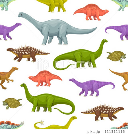Cartoon dinosaur characters seamless pattern. Fabric funny backdrop, textile vector print with Polacanthus, Eoraptor, Lotosaurus and Wuerhosaurus, Shunosaurus, Haplocanthosaurus dinosaur personages 111511116