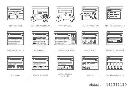SERP icons. Search engine result page vector symbols of digital marketing. Thin line websites of serp settings, search engine optimization, organic and paid results, internet traffic analytics 111511139