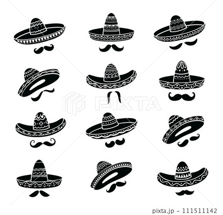 Mexican sombrero hats with mustaches and Mexico ethnic ornament, vector silhouette icons. Mexican culture, tradition and art symbols of sombrero hats for for Latin fiesta party or holiday festival 111511142