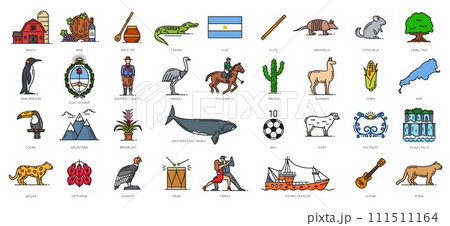 Argentina color line icons, argentine travel symbols. Ranch, wine, mate tea and caiman, flag flute, armadillo and chinchilla. Ombu tree, king penguin, coat of arms and shepherd Gaucho, nandu and corn Argentina color line icons, argentine travel symbols. Ranch, wine, mate tea and caiman, flag flute, armadillo and chinchilla. Ombu tree, king penguin, coat of arms and shepherd Gaucho, nandu and corn 111511164