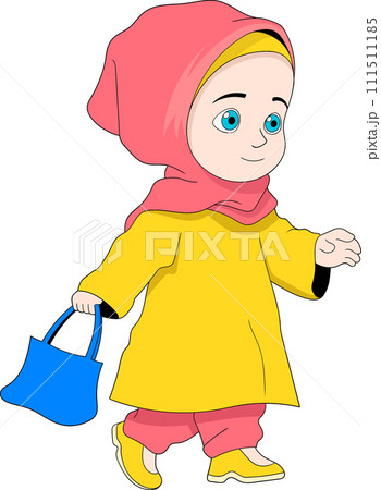 Cartoon doodle illustration, Muslim girl wearing a hijab walking carrying a tote bag for shopping Cartoon doodle illustration, Muslim girl wearing a hijab walking carrying a tote bag for shopping 111511185