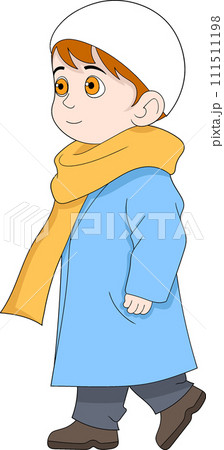 illustration of a religious person, Muslim boy wearing a scarf walking to the mosque to worship 111511198