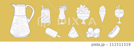 Ice Cream, Berry, Hot Dog and Watermelon Hand Drawn Element on Yellow Background Vector Set 111511319