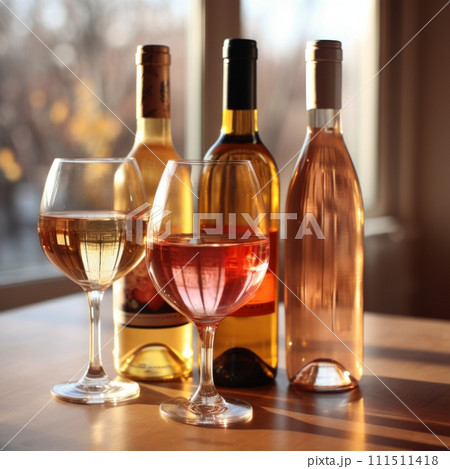 Four glasses and three bottles of wine on a wooden table 111511418