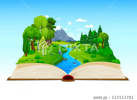 Cartoon opened book with lake, river or pond, green meadow and forest, vector nature landscape. Mountain rock and river in summer forest valley on book pages for fairy tale story or game background 111511781