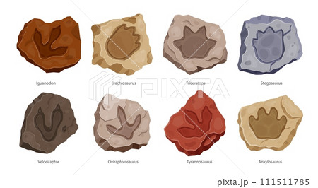 Ancient dinosaur footprints, archaeology fossil. Iguanodon, brachiosaurus, triceratops or stegosaurus. Velociraptor, oviraptorosaurus, tyrannosaurus and ankylosaurus cartoon vector reptile foot trails Ancient dinosaur footprints, archaeology fossil. Iguanodon, brachiosaurus, triceratops or stegosaurus. Velociraptor, oviraptorosaurus, tyrannosaurus and ankylosaurus cartoon vector reptile foot trails 111511785