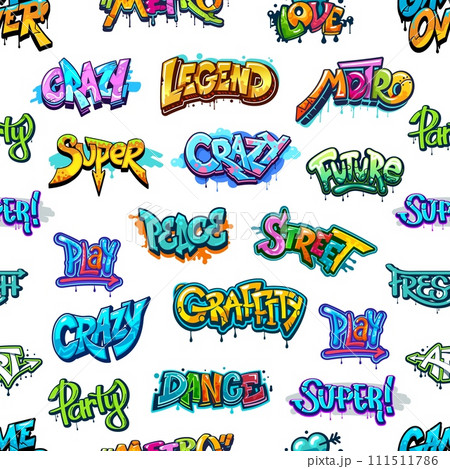 Graffiti street art, urban style seamless pattern. Hip Hop culture, spray paint street tag wallpaper or wall graffiti fabric colorful print or vector seamless background, wrapping paper pattern Graffiti street art, urban style seamless pattern. Hip Hop culture, spray paint street tag wallpaper or wall graffiti fabric colorful print or vector seamless background, wrapping paper pattern 111511786