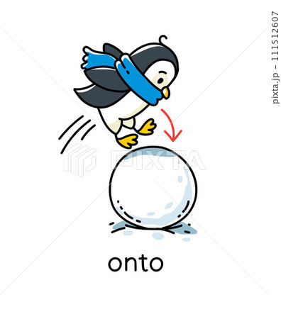 Prepositions. Penguin jumps ONTO the snowball Prepositions. Penguin jumps ONTO the snowball 111512607