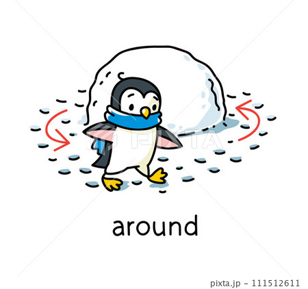 Preposition of movement. Penguin walk around the snowdrift 111512611