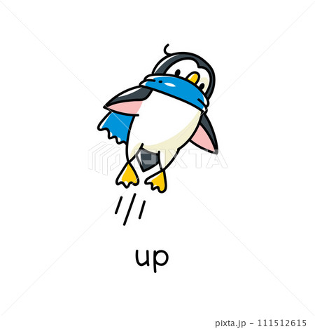 Preposition of movement. Penguin is flying up 111512615