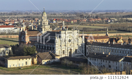 Drone shot over Certosa di Pavia monastery 111512624