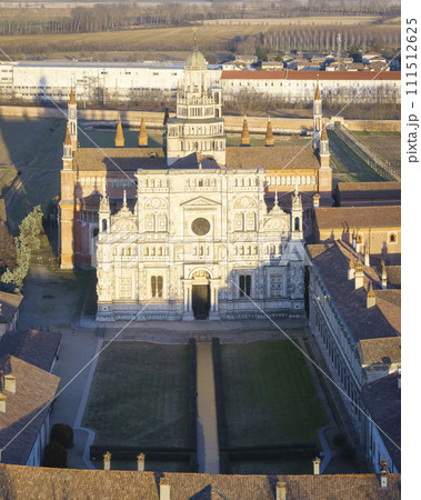 Aerial view over Certosa di Pavia monastery 111512625