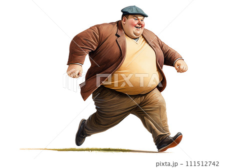Fat man running, big man exercising, white background, AI generate. 111512742